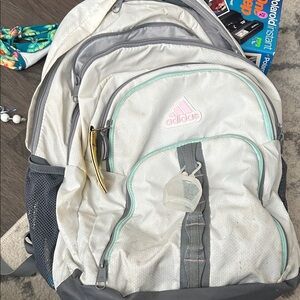 Adidas Cream and Gray Backpack with Pink Logo